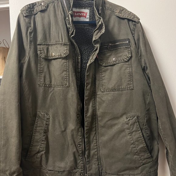 Levi's Men's Knit Collar Cotton Canvas Shell Trucker Jacket Olive LARGE - Picture 7 of 10